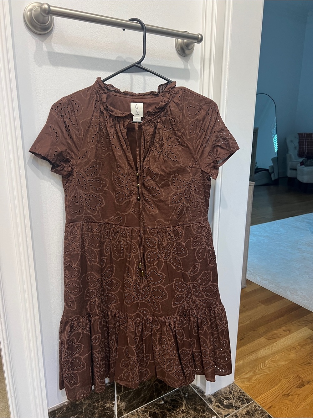 Joie Brown Eyelet Tie-Neck Ruffle Hem Mini Dress